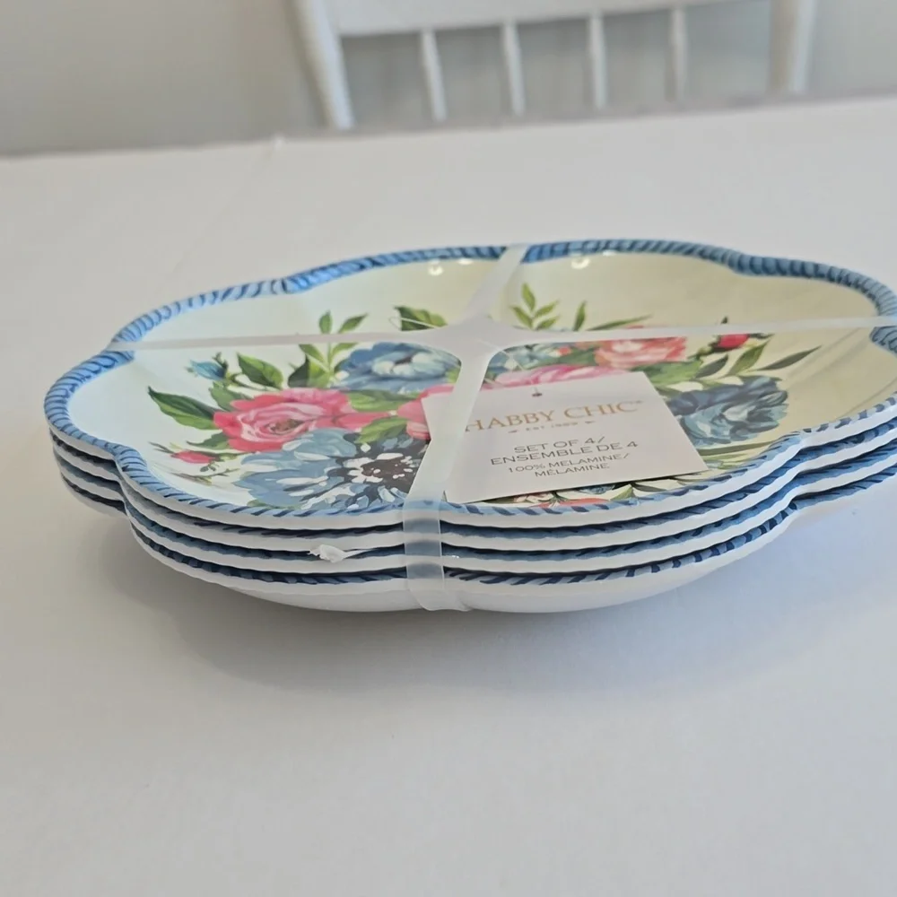NWT Shabby Chic  Set Of 4 100% Floral Blue Pink Scalloped Melamine Plates